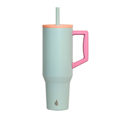 40 oz tumbler in mint sorbet.  The straw is mint, the lid is peach, and the handle is pink.  