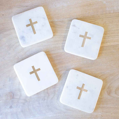 4 Marble Coasters featuring a beautiful brass cross in the center of each.  