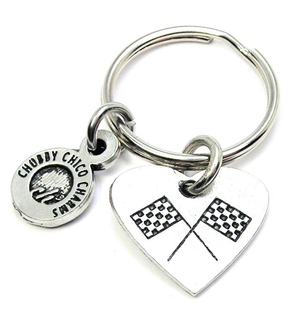 Standard size steel key ring for a race fan.  Attached is a heart shaped charm with crossing checkered flags etched in.  