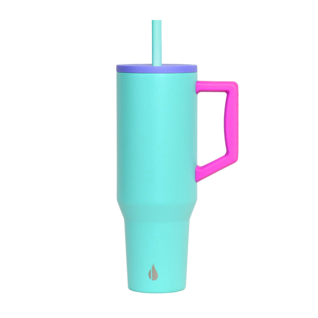 40oz tumbler in Blue Tie Dye color.  It has a pretty turquoise blue base and straw , with a purple lid and a hot pink handle.  