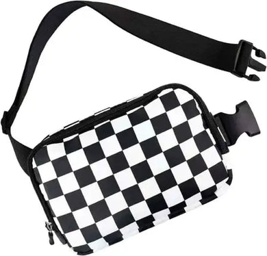 Black and white checkered nylon fanny pack with black adjustable strap.  Shows strap unbuckled. 