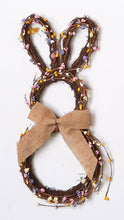 Load image into Gallery viewer, Whimsical Easter bunny: Handmade twig base adorned with colorful pip berries and burlap bow tie. 16&quot;x8&quot;, perfect for Easter décor. With White Background.
