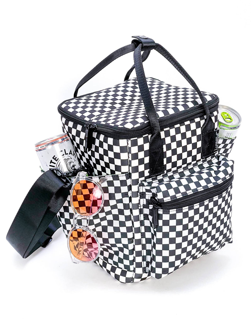 Black and white checkered cooler bag with shoulder strap that can be attached.  Shows cans in each side pocket. 