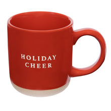 Load image into Gallery viewer, red coffee mug with &quot;Holiday Cheer&quot; in white on both sides 

