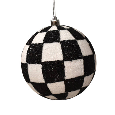Black & white checkered glitter ball ornament with silver hanger