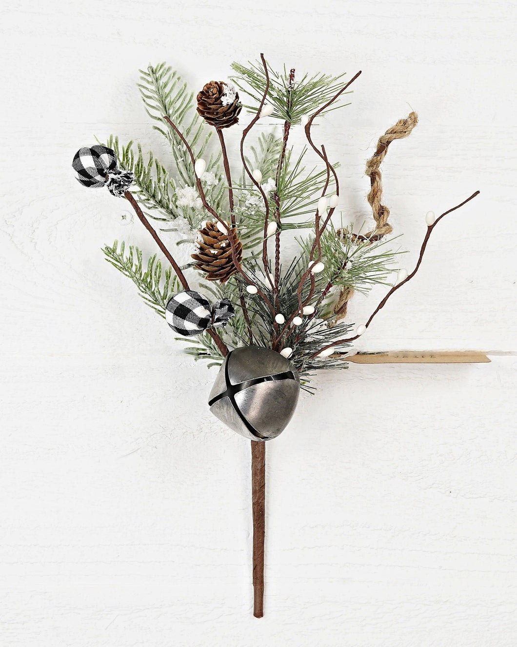 A festive 13-inch pick with a ball ornament and country gingham pattern in black and white.