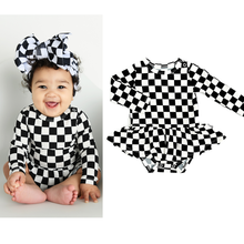 Load image into Gallery viewer, Shows baby with checkered long sleeve bodysuit with tutu attached.  Also shows outfit alone.  
