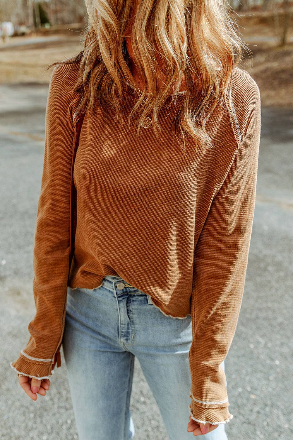 Textured Round Neck Long Sleeve Top | Rust