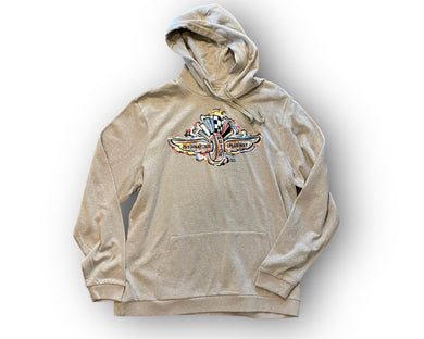 Indy 500 Wing & Wheel triblend hoodie in heather tan.  By Justin Patten. 