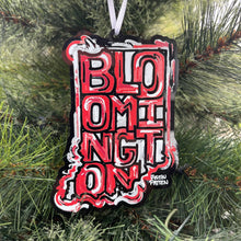 Load image into Gallery viewer, Indiana University ornament, on black acrylic in the shape of Indiana with Bloomington painted inside
