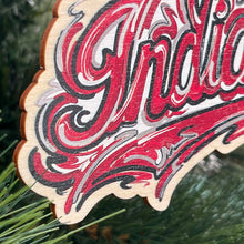 Load image into Gallery viewer, Indiana University script ornament close up in wood
