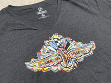 Load image into Gallery viewer, IMS Wing and Wheel v-neck women&#39;s tee close up in charcoal heather
