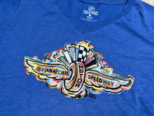 Load image into Gallery viewer, Indy 500 Wing and Wheel close up women&#39;s v-neck in true royal
