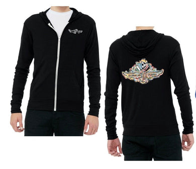 Indianapolis Motor Speedway black unisex zip up. Wing and Wheel logo large on back and small on front left chest