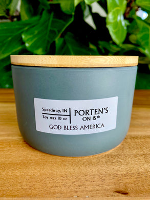 God Bless America candle in a light blue jar with wooden lid.  10oz. 