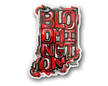 Load image into Gallery viewer, IU sticker in the shape of Indiana with the word Bloomington in the inside
