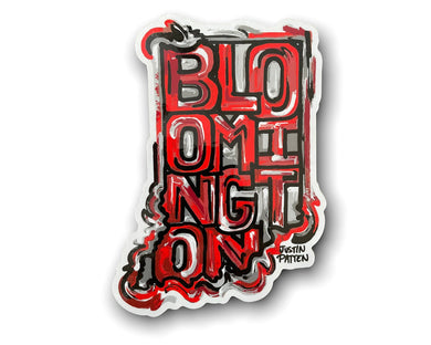 IU sticker in the shape of Indiana with the word Bloomington in the inside