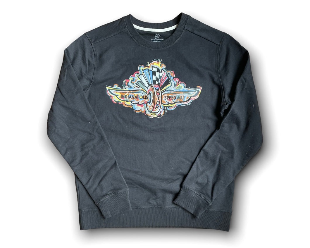 Indianapolis Motor Speedway Wing and Wheel Black Unisex Crew by Justin Patten