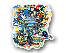 Load image into Gallery viewer, IMS pagoda and race car vinyl sticker by Justin Patten 6x4.5
