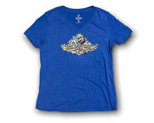 Load image into Gallery viewer, Indianapolis Motor Speedway Wing and Wheel v-neck women&#39;s tee in true royal 
