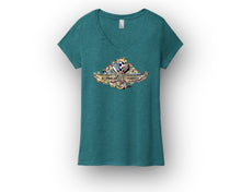 Load image into Gallery viewer, Indy 500 Wing and Wheel women&#39;s v-neck tee in heather teal
