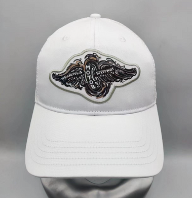 IMS Wing and Wheel retro logo hat in white, front view