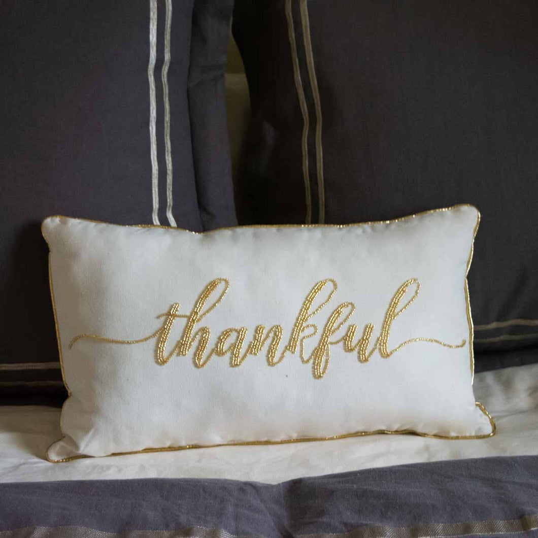 Thankful Beaded Pillow |  White/Gold |12x20