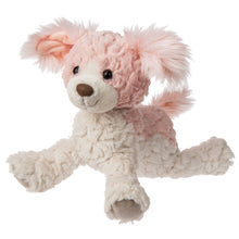 Load image into Gallery viewer, PInk and white, super soft stuffed dog.  Measure 10 inches from head to tail. Has fluffy, floppy ears with a smile on its face.  Weighted feet and bottom.  
