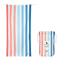 Load image into Gallery viewer, This extra large quick dry towel is striped with white and various shades of oranges and blues to match the sand and seas.  Also pictured is the pouch you can carry it it, with the same design. 
