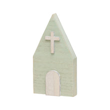 Load image into Gallery viewer, Mini sage green church with 3D whitewashed door and cross, tabletop decor.
