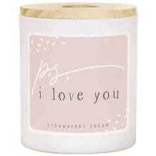 Load image into Gallery viewer, Strawberry cream scented candle in a white jar with a wooden lid.  Label on front is pink and says &quot;p.s. i love you&quot; with hearts around it.  
