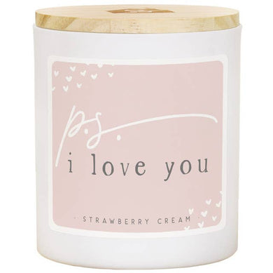 Strawberry cream scented candle in a white jar with a wooden lid.  Label on front is pink and says 