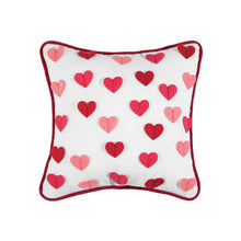 Load image into Gallery viewer, Small square white throw pillow with different shades of pink hearts sewn on.  Perfect to add to your Valentine&#39;s Day decor. 
