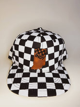 Load image into Gallery viewer, Black and white checkered kids hat with leather patch of the shape of Indiana and the word INDY in black with a checkered flag.  
