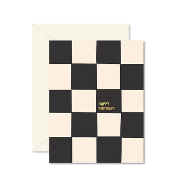 Black and cream checkered card that says 