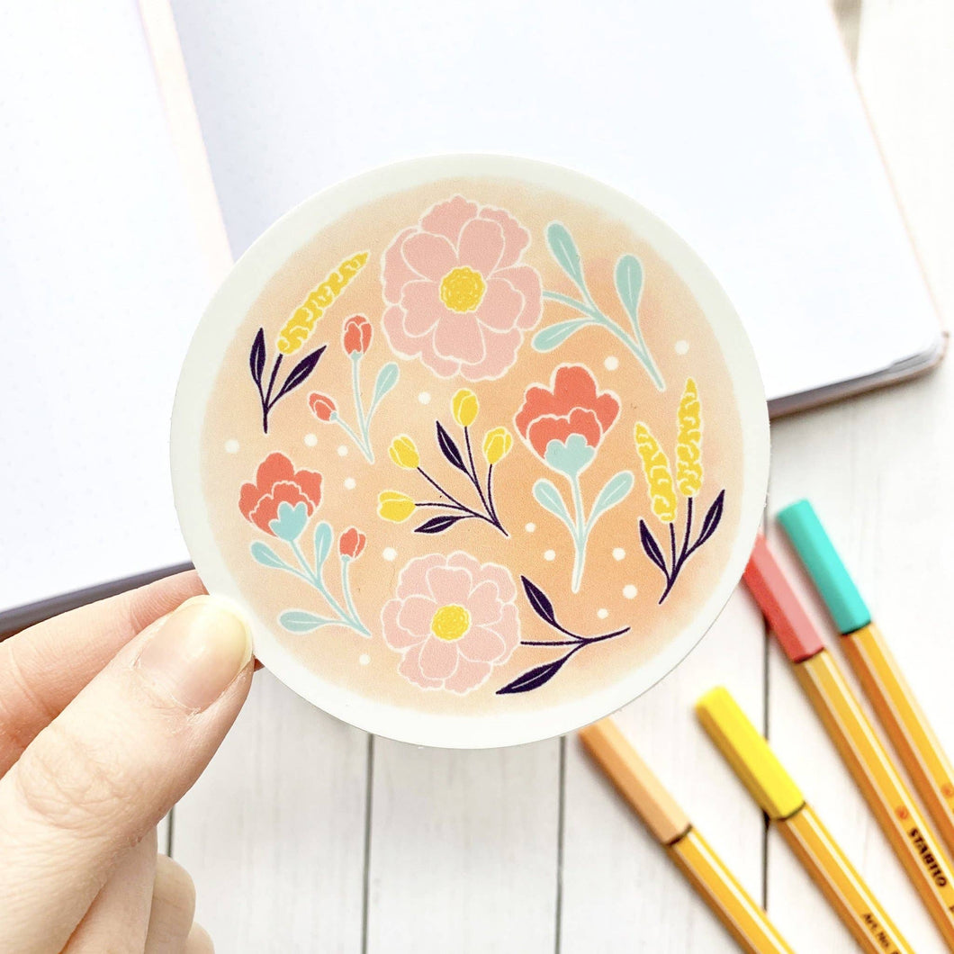 Pink Watercolor Floral Circle Sticker | 3x3 in.