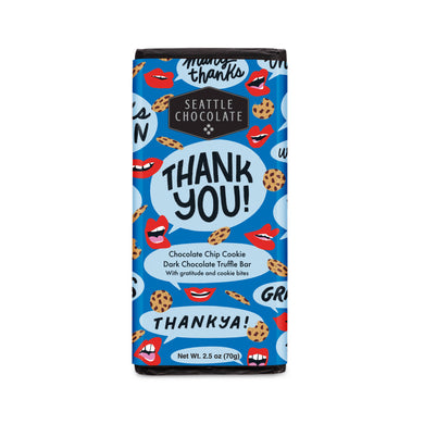 Thank You! Truffle Bar.  Chocolate Chip Cookie Dark Chocolate Truffle Bar.  Comes in fun, colorful packaging--blue background with cookies, thank yous, and smiles.  