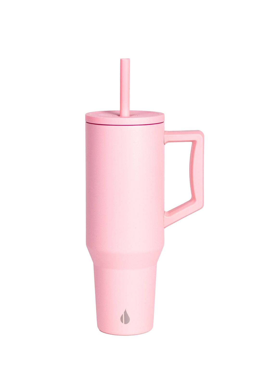 40 oz tumbler with a lid, straw, and handle. It is in the color Rose, which is a beautiful light pink.  