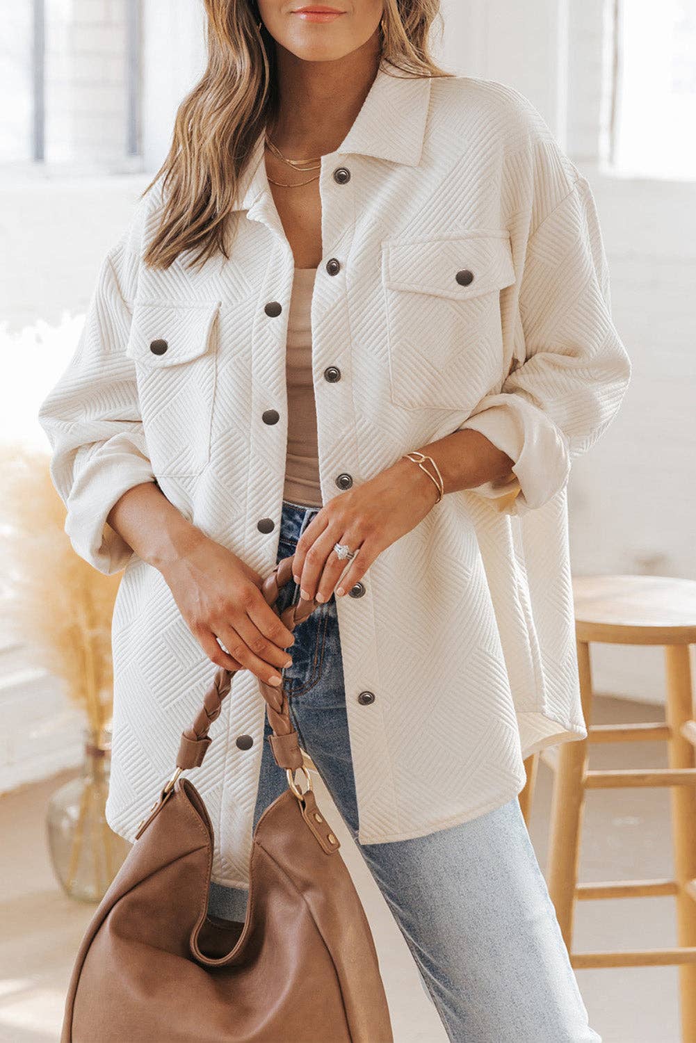 Textured Flap Pocket Buttoned Shacket | Ivory