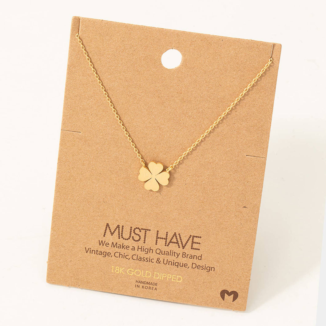 This necklace is approximately 16 inches and has a mini clover pendant attached to the chain.  It is 18k gold dipped and comes in gold, rose gold, and silver. 