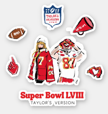 Sticker sheet featuring a drawing of Taylor Swift and Travis Kelce.  Also has a #1 hand, football, hands in the shape of a heart, and a megaphone.  Also a sticker with the words 