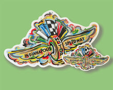 Load image into Gallery viewer, Indianapolis Motor Speedway Wing and Wheel Mini Vinyl Sticker by Justin Patten
