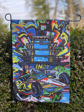 IMS race car and pagoda garden flag by Justin Patten 12x18