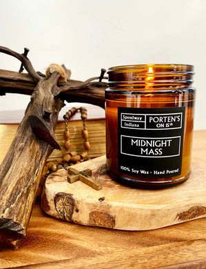 Midnight Mass soy candle. 7.2 oz with hints of  incense, smoke, frankincense & myrrh. 