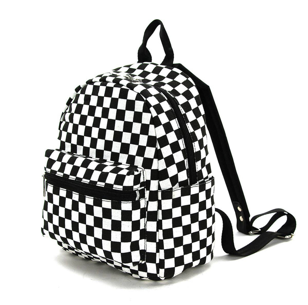 Black and white checkered mini backpack with adjustable straps. 